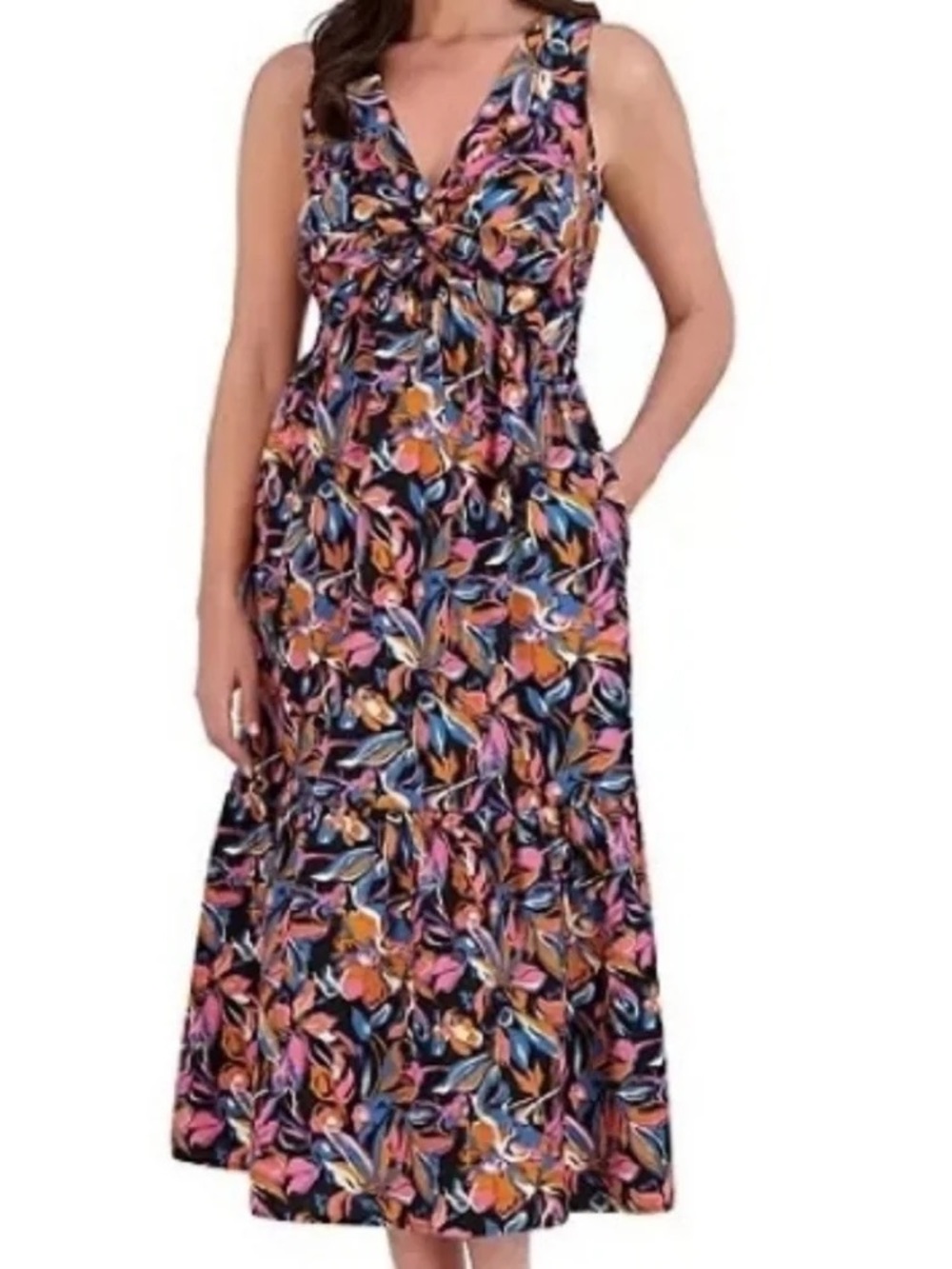! French Connection XS Floral Twist-Front Maxi Dress in Pink & Orange Floral